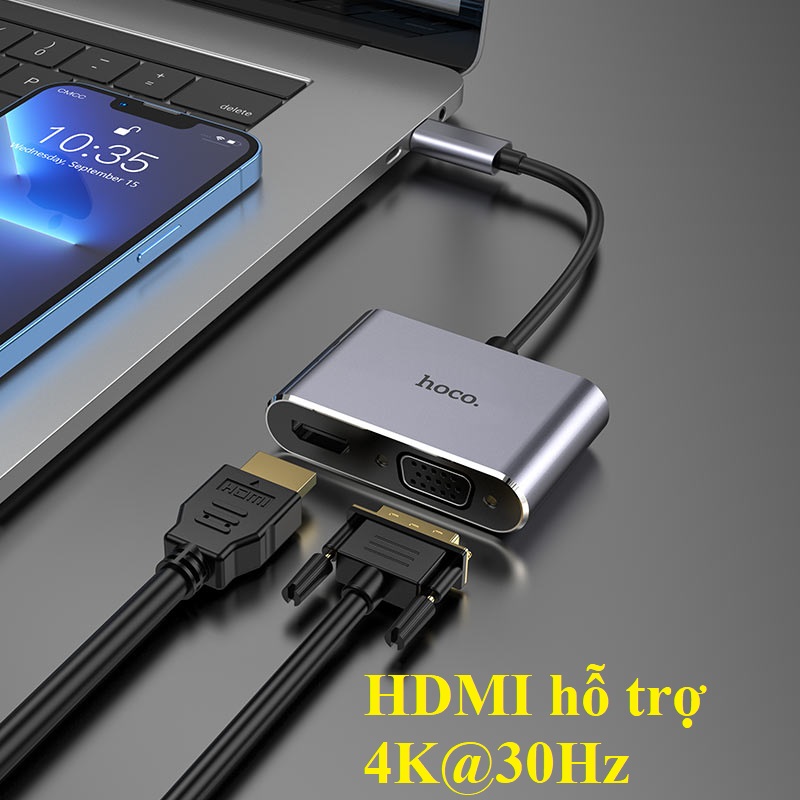 [C ra HDMI +VGA] Hub / Bộ chia cổng Type-C đa năng cho laptop, điện thoại HOCO HB29 - Hàng chính hãng