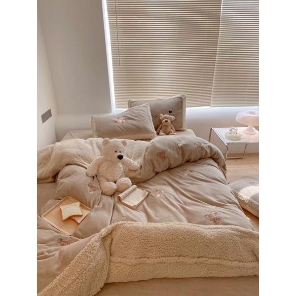 Bô Chăn Ga Gối Nỉ Gấu Teddy Hàng Nhập Khẩu Cao Cấp 4 Món Hot trend