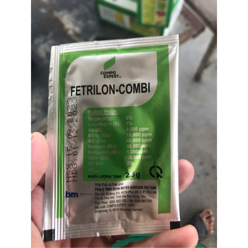 Phân bón vi lượng Fetrilon Combi BM Đức 2,5g bổ sung trung vi lượng xanh dày lá lớn trái ngừa xoắn lá vàng lá co dúm lá