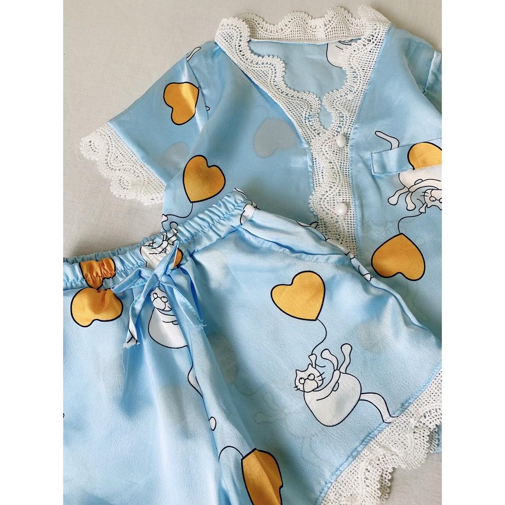 Bộ Ngủ Pijama Lụa Satin Tay Ngắn Siêu Xinh Cho Bé Gái