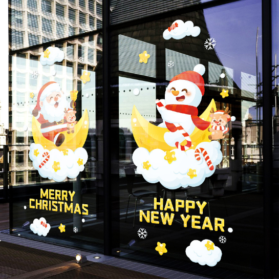 Decal trang trí Noel - Người tuyết và ông già Noel cưỡi mây