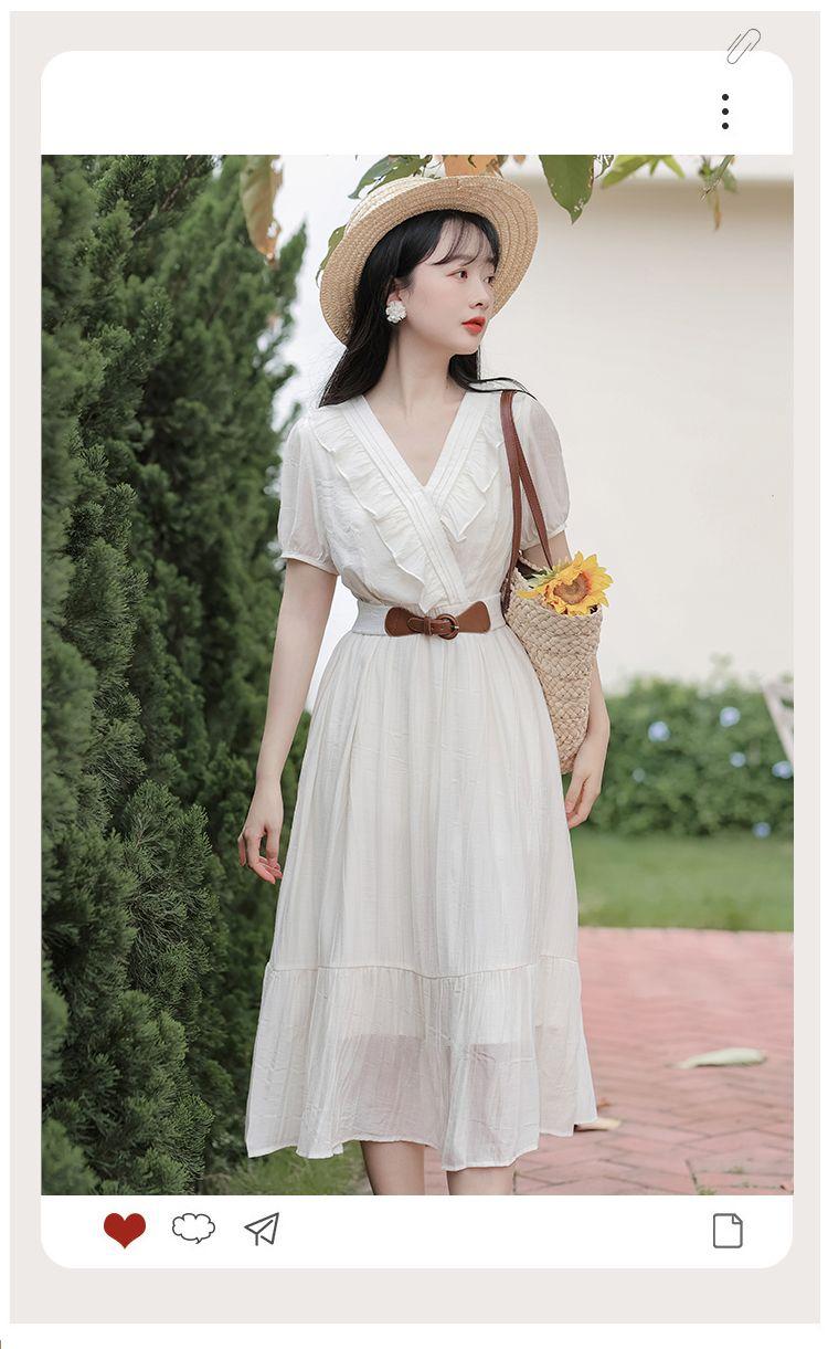 TOBE1SHOP Mùa hè ngắn tay áo v cổ đầm phụ nữ mùa hè ăn mặc 2023 Pháp hiển thị gầy eo đầm dài