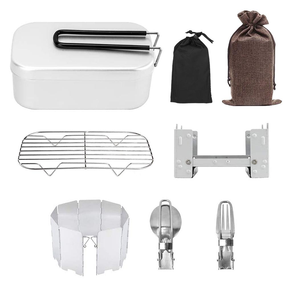 Bộ Combo Bếp Gấp Min Hộp cơm nhôm cao cấp có tay cầm Giá hấp Kính chắn gió Bộ Nĩa Gấp Thìa