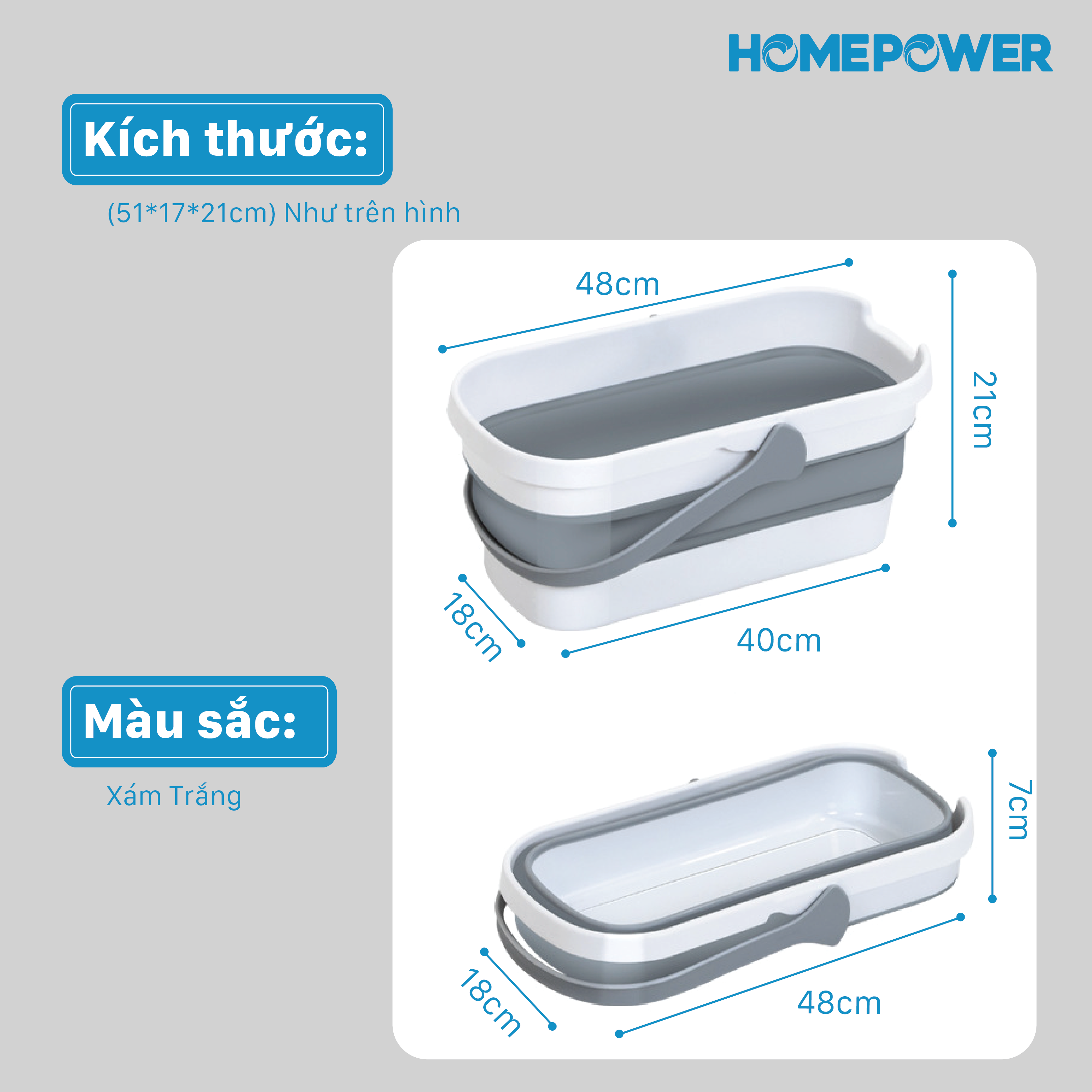 Xô nước gấp gọn Homepower rửa xe,lau nhà đa năng, dày dặn cỡ lớn 14Lit