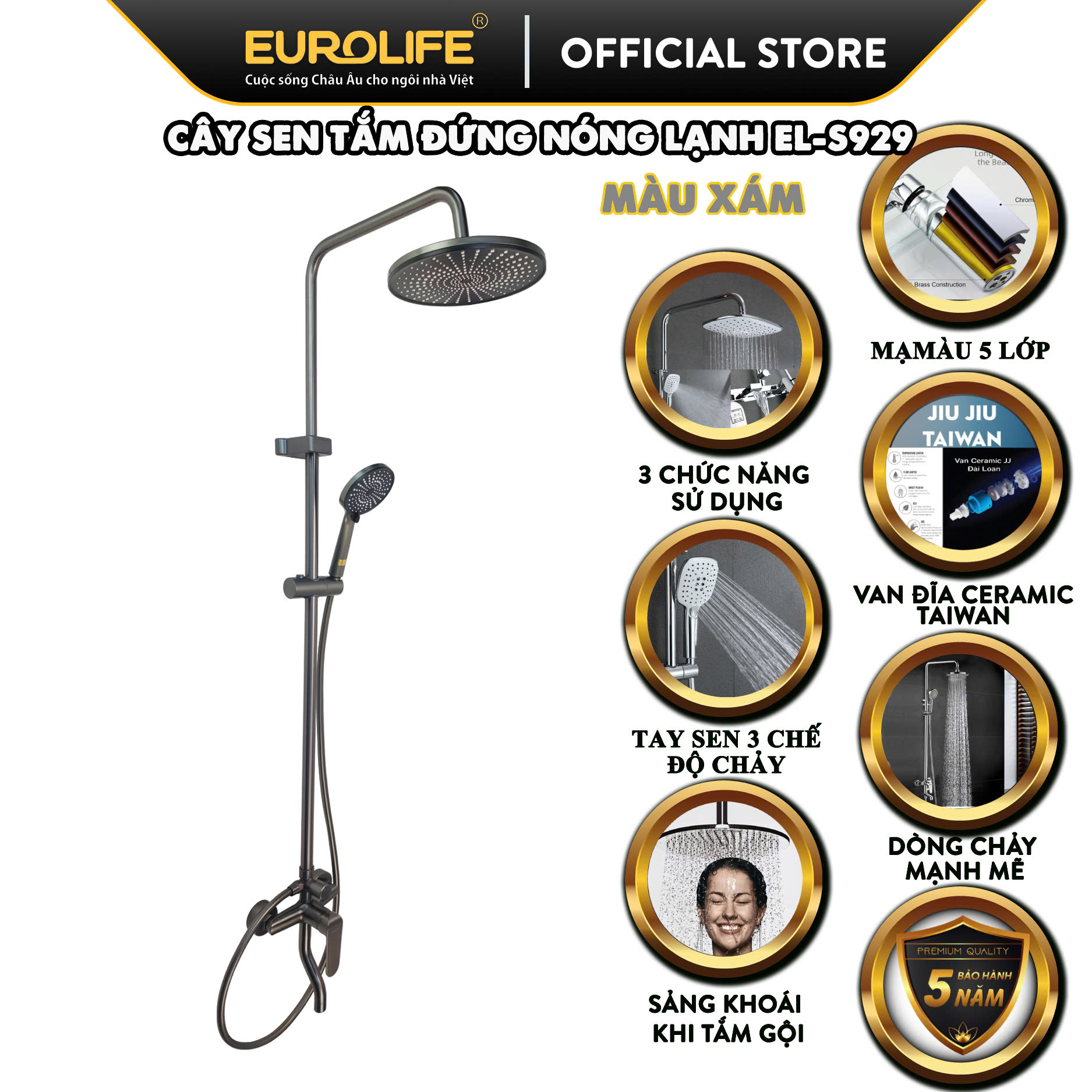 Cây sen nóng lạnh Đồng mạ tĩnh điện màu xám Eurolife EL-SC929 (Xám)