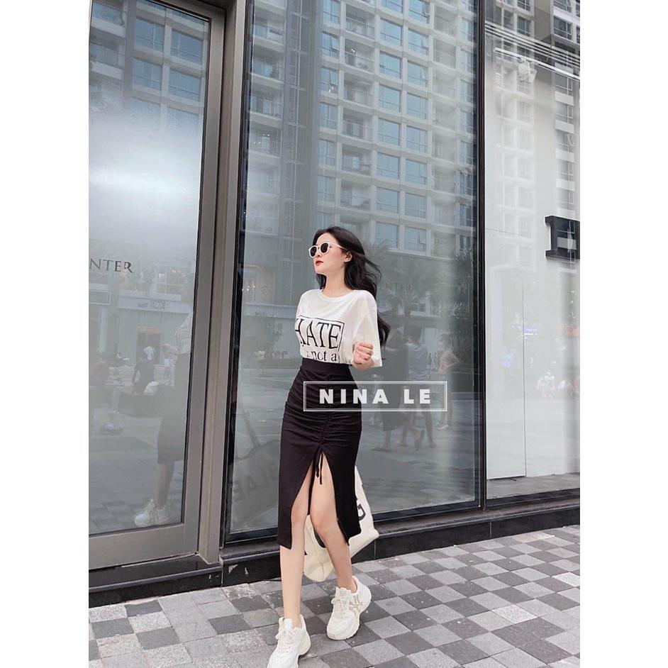 Set bộ áo thin HATE from rộng mix chân váy nhún hông cột nơ quyến rũ năng động