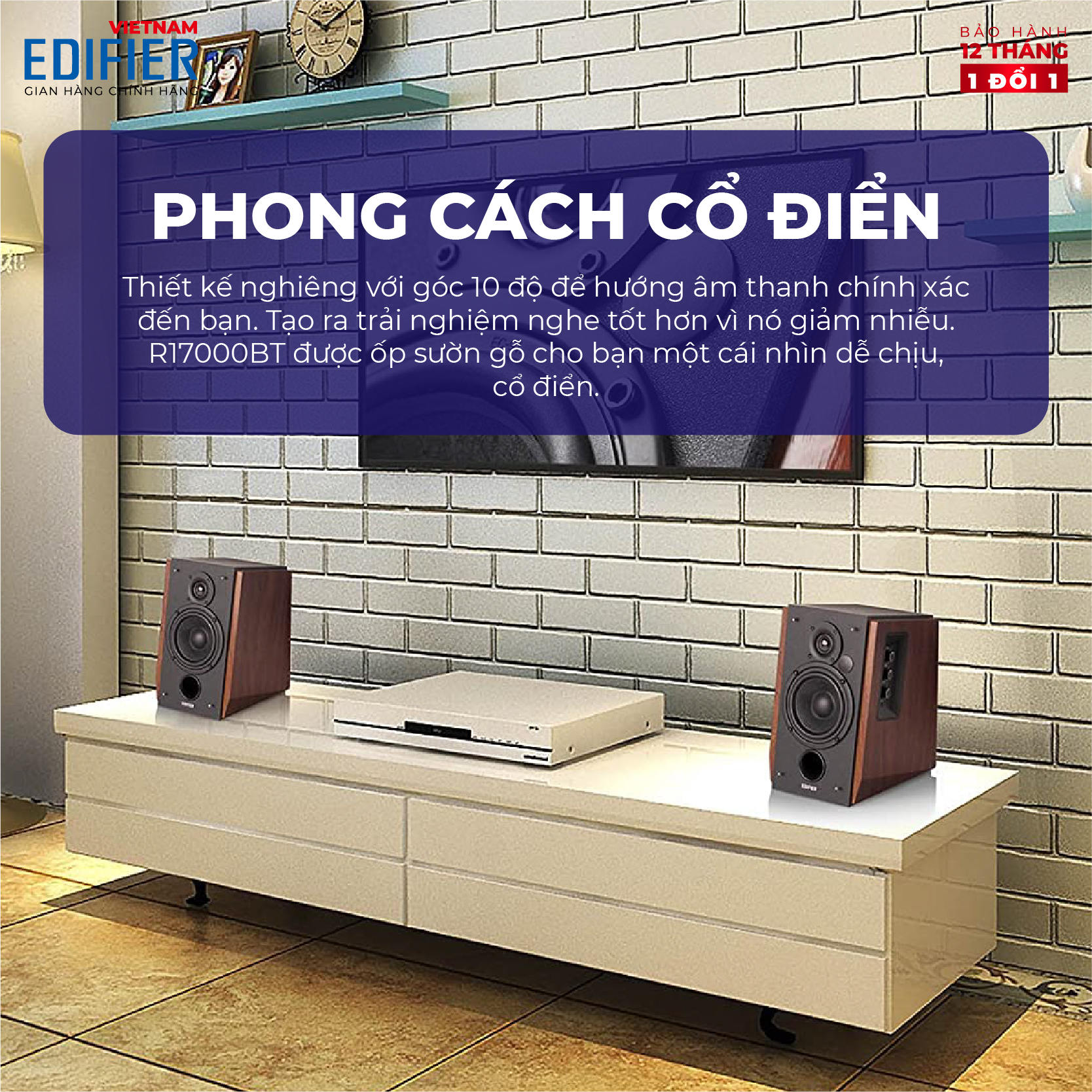 Bộ loa không dây Bluetooth EDIFIER 2.0 R1700BT - Hỗ trợ cổng cắm RCA - Có remote điều khiển - Vỏ gỗ chống dội âm - Hàng chính hãng