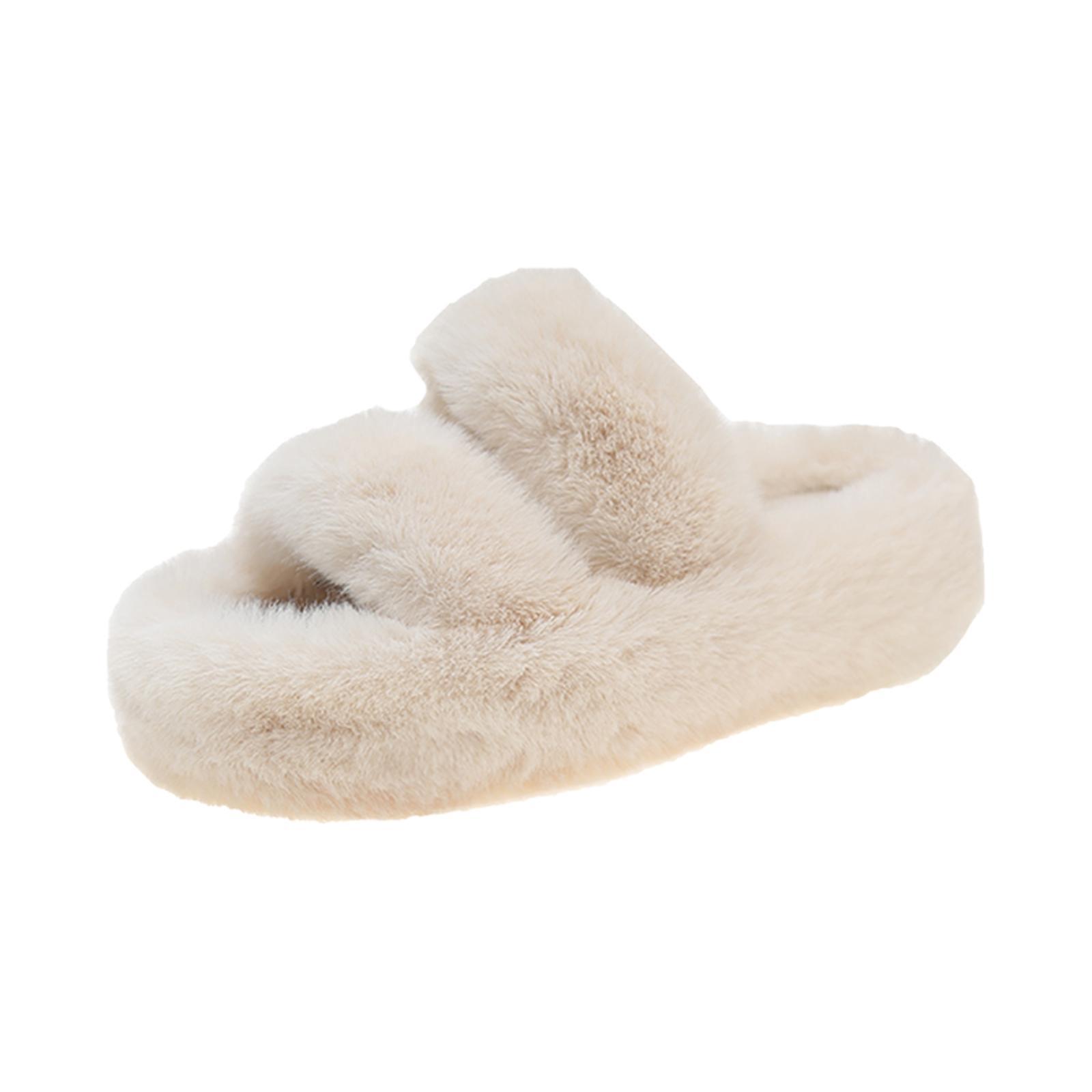 Women Fuzzy Slippers Plush House Shoes with Two Band Fashion Anti Slip Thick Sole Open Toe Slide Slippers Winter Slippers for Bedroom