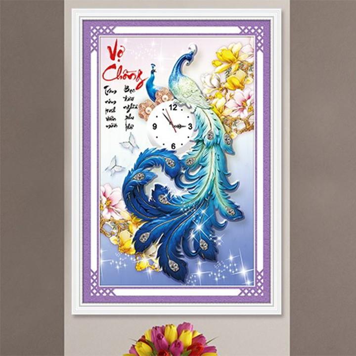 Tranh đá vợ chồng công xanh đồng hồ LG1105 - kích thước: 65 * 45cm.