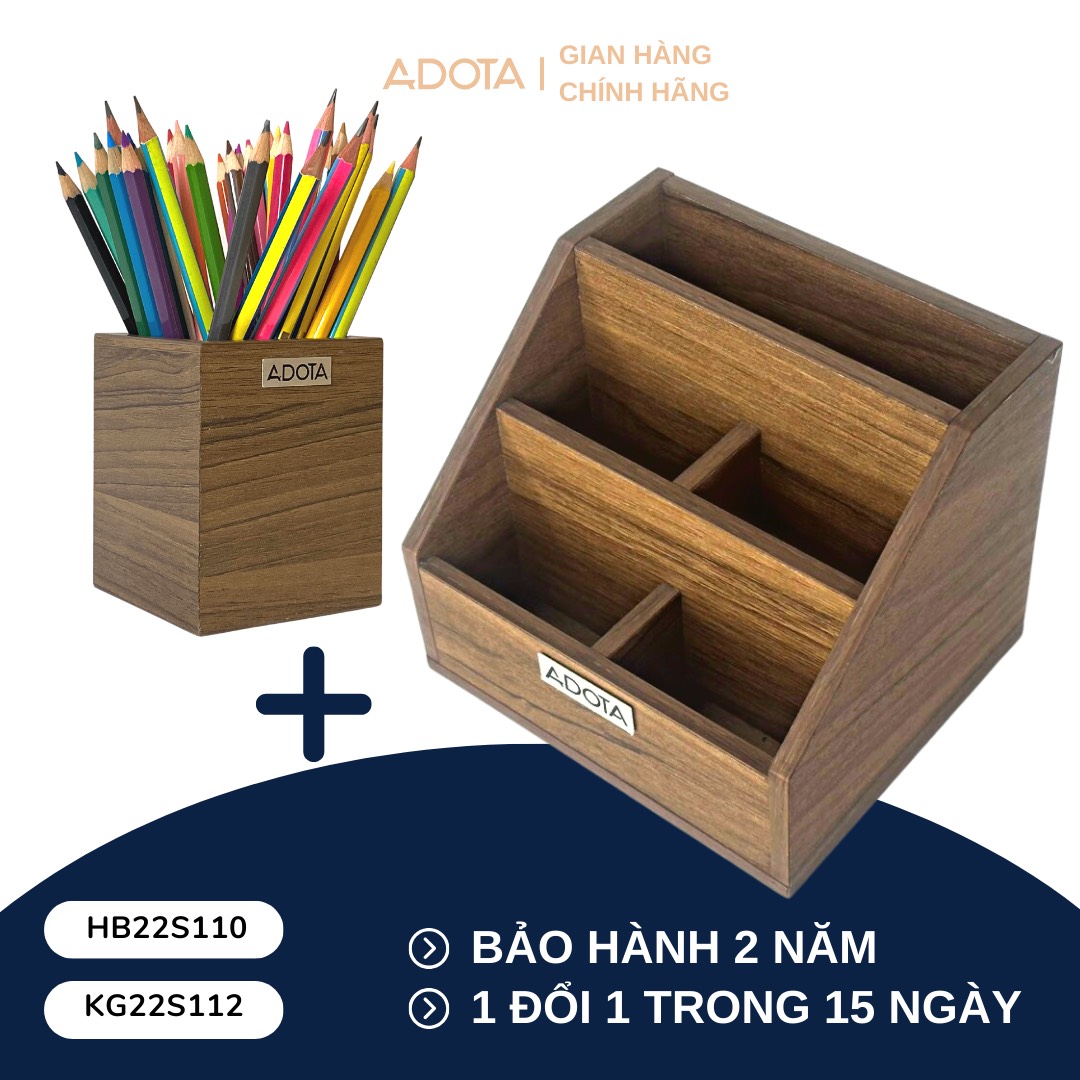 Combo: Kệ gỗ KG22S112 để bàn và hộp cắm bút đơn HB22S110 phong cách hiện đại sang trong ADOTA