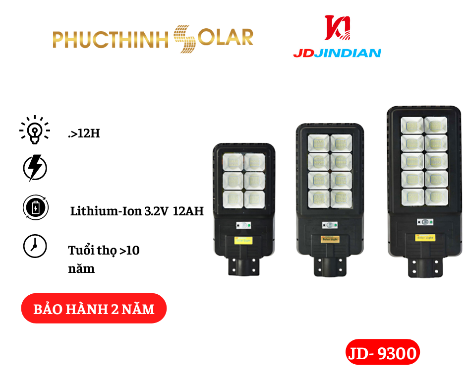 Đèn Năng Lượng Mặt Trời 300W Jindian JD-9300 Đèn LED NLMT Chống Nước, Cảm Biến Ánh Sáng, Có Remote | Phúc Thịnh Solar