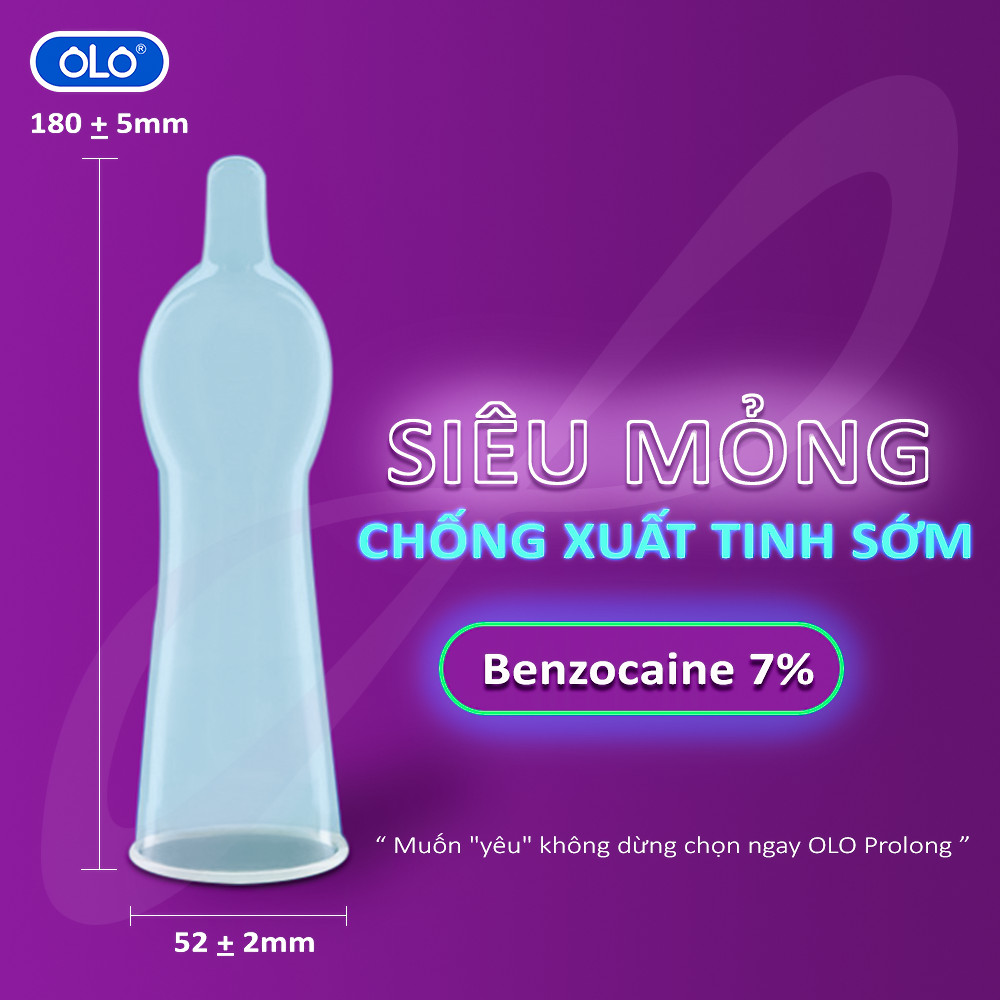 Bao cao su OLO Prolong hộp 10 cái -  siêu lâu ra, size 52mm, hương vani, siêu mỏng, siêu nhiều gel bôi trơn