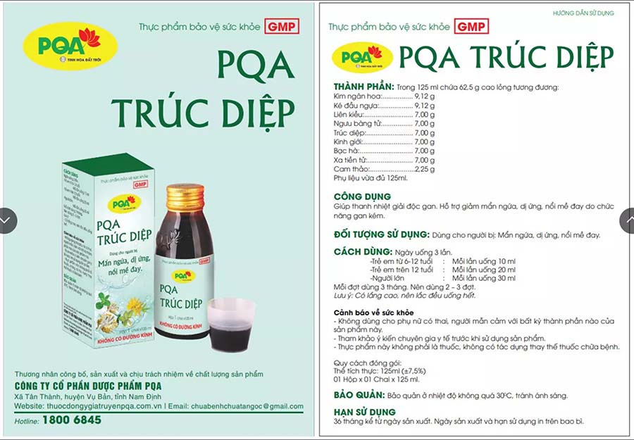 Trúc Diệp PQA Giúp Thanh Nhiệt Giải Độc Gan Hỗ Trợ Giảm Mẩn Ngứa Dị Ứng, Nổi Mề Đay Do Chức Năng Gan Kém Hộp 125ml