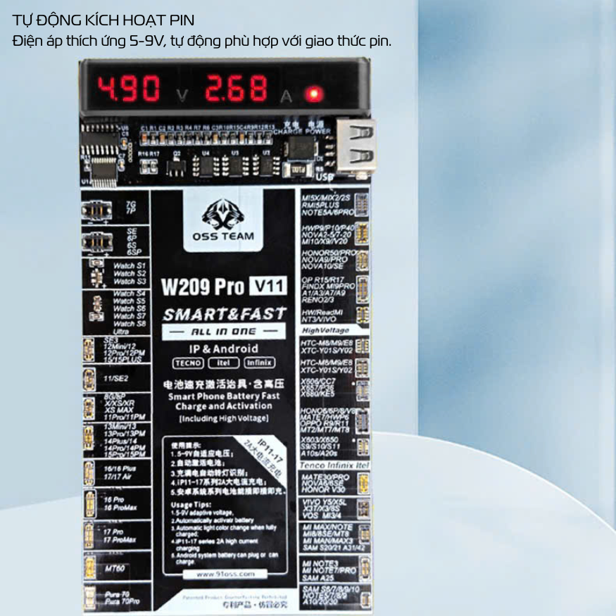 Bộ Kích Pin W209 Pro V11 Dành Cho Điện Thoại Android, Pad, IP Bảo vệ quá tải dòng điện, kiểm tra dung lượng pin - Hàng Nhập Khẩu