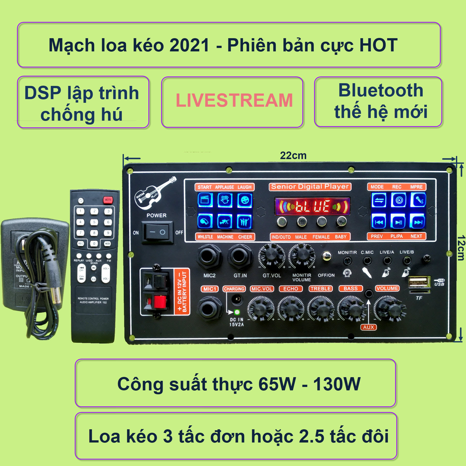 Mạch loa kéo LIVESTREAM DSP lập trình chống hú IC MD9840 công suất 65W – 130W, Bluetooth thế hệ mới, có Guitar điện