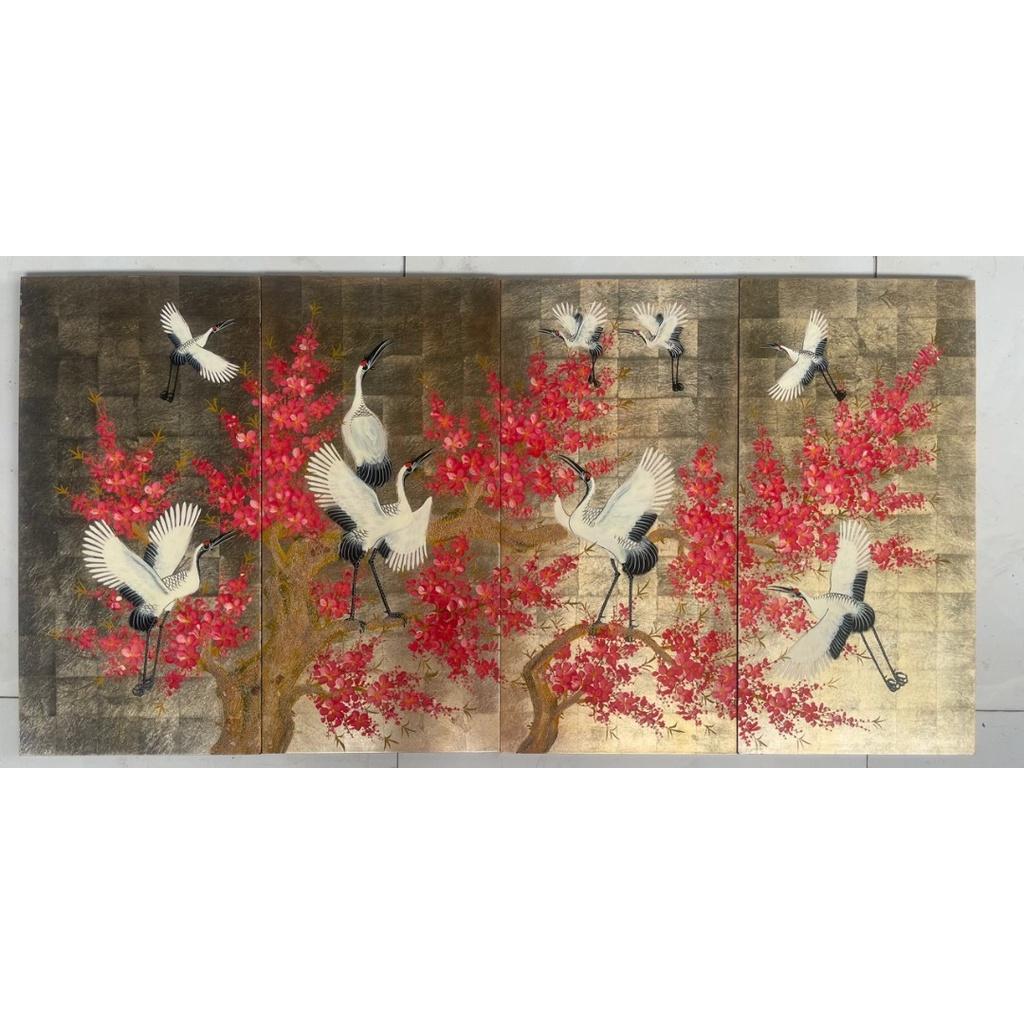 Tranh sơn mài cao cấp, thủ công mỹ nghệ Thanh Bình Lê size 120x60 cm - Bộ Tranh hoa đào và đàn Hạc tiên (4 tấm 30x60 cm)