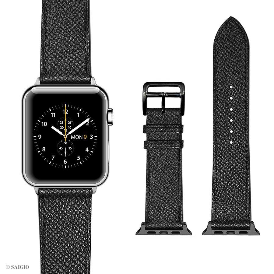 Dây Đồng Hồ Apple Watch 41mm 40mm 38mm, Chất Liệu Da Bê EPSOM Thảo Mộc Cao Cấp, Nhập Khẩu Từ Châu Âu, Dây Đeo Phong Cách Hiện Đại và Sang Trọng, Tương Thích Các Phiên Bản Series 8/7/6/5/4/3/2/1/SE/SE2 - Đen - ADAPTER BẠC