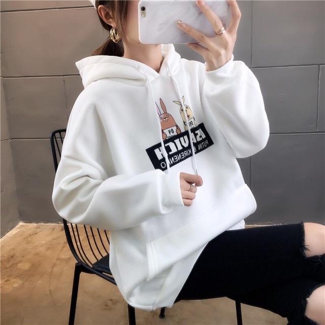 Áo khoác hoodie nam nữ nỉ ngoại form rộng in 2 thỏ ảnh thật