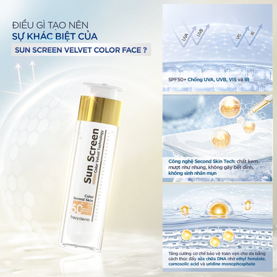 Gel chống nắng CÓ MÀU kiềm dầu, bảo vệ da Frezyderm Sun Screen Velvet Color Face SPF 50+ 50ml