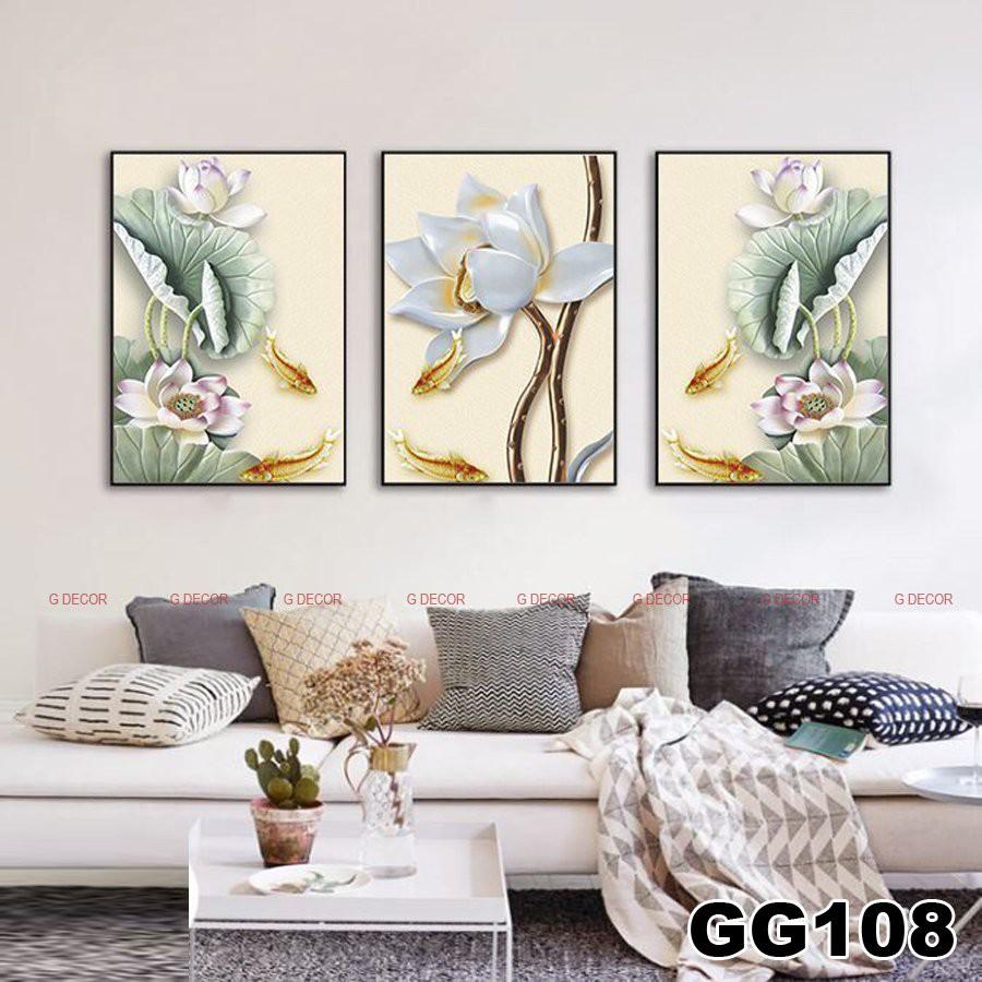 Tranh treo tường canvas 3 bức phong cách hiện đại Bắc Âu 108, tranh hoa sen trang trí phòng khách, phòng ngủ, phòng ăn