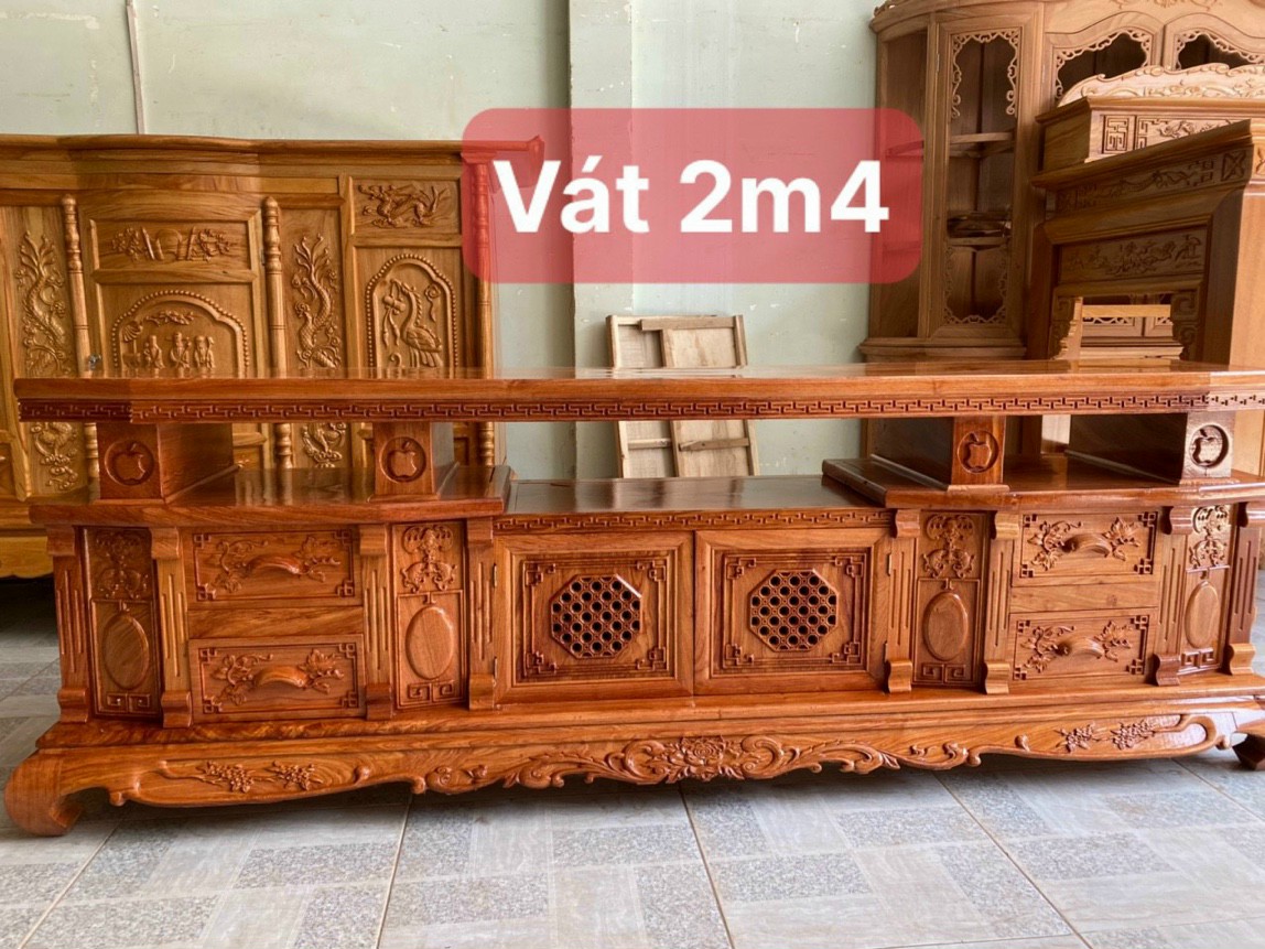 Kệ tivi vát kiểu ngang 2m4 gỗ hương đá cao cấp