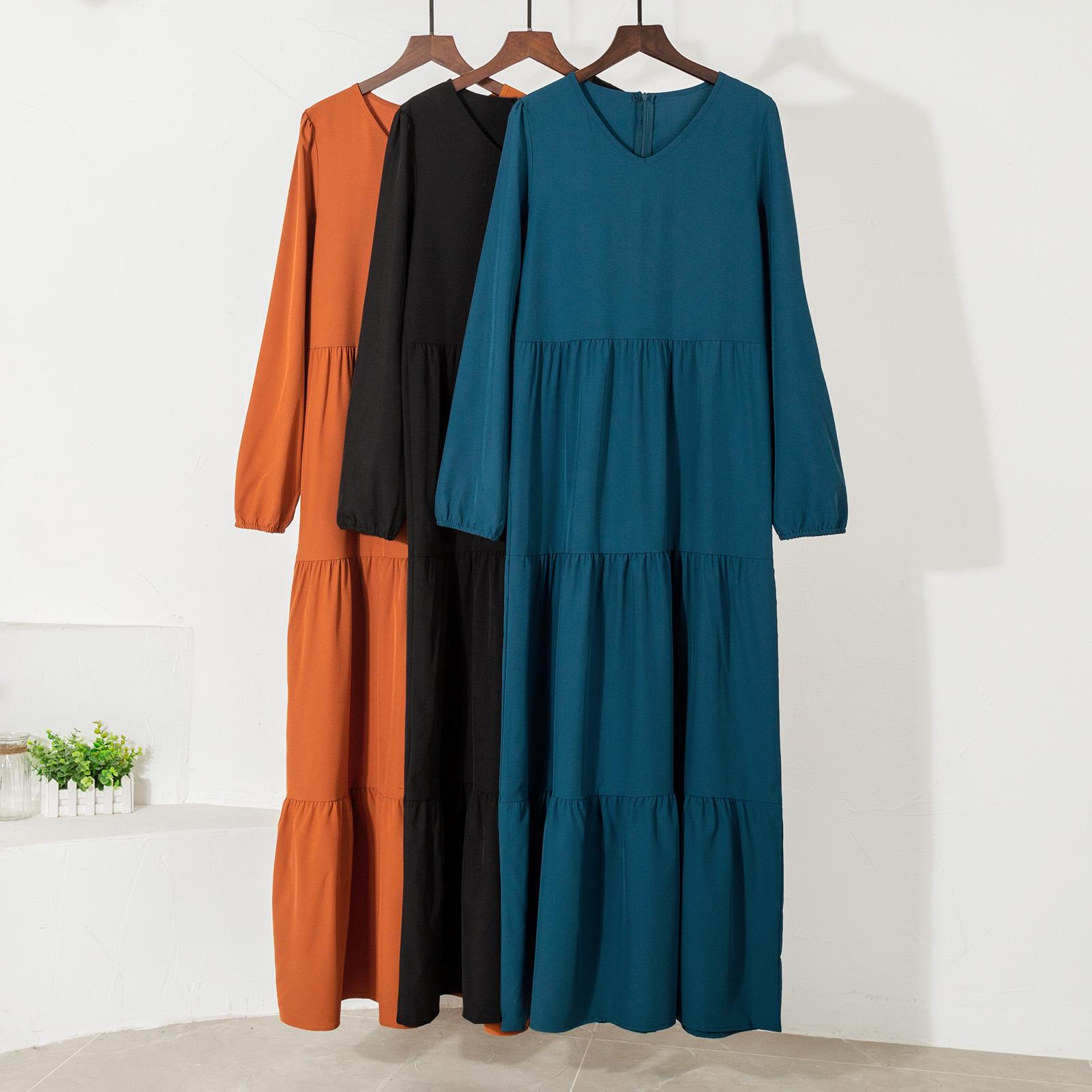 Fashion Women Solid Color Dress V Neck Long Sleeve High Waist Ruched Casual Maxi Dress