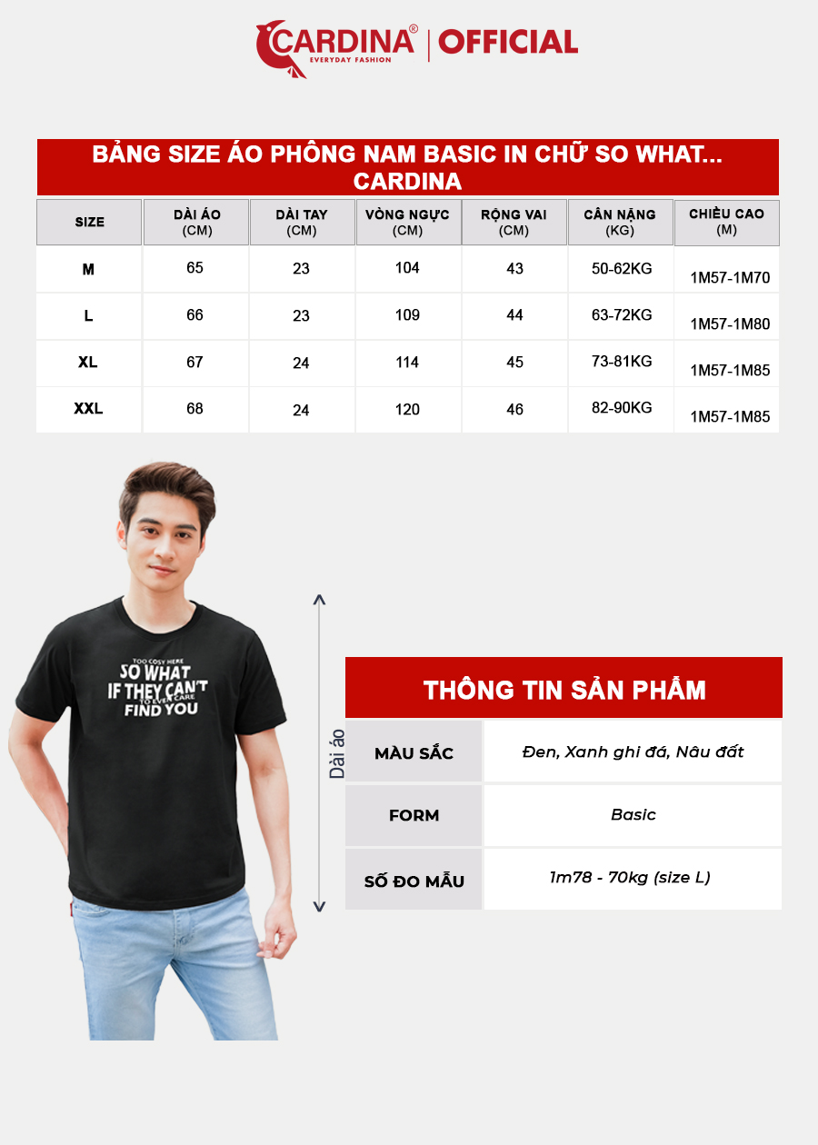 Áo Phông Nam CARDINA Chất Cotton Cao Cấp In Chữ SO WHAT Áo Cổ Tròn Trẻ Trung Năng Động 3ATM06