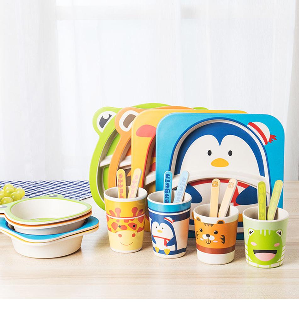 Sợi Tre Trẻ Em Bộ Dao Kéo Sáng Tạo Bộ Bát Hoạt Hình Bộ Chia Đĩa Thìa Dĩa Ly 5 Món Quà Tặng Bộ Đồ Ăn