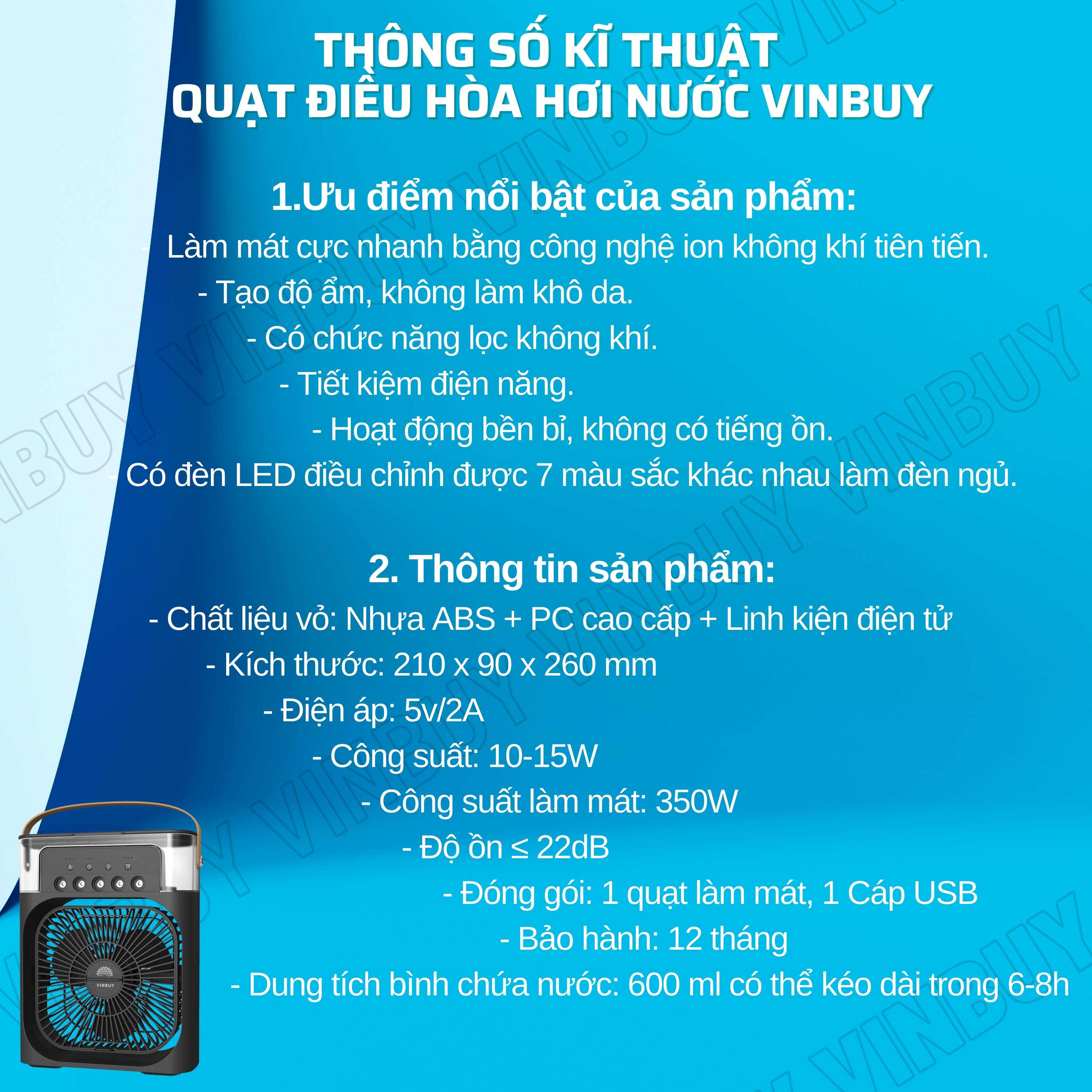 Quạt điều hòa mini hơi nước làm mát không khí nhỏ gọn để bàn, nhiều chế độ làm mát, có khay chứa đá, công suất lớn, có 05 đầu phun sương - Hàng chính hãng - VinBuy