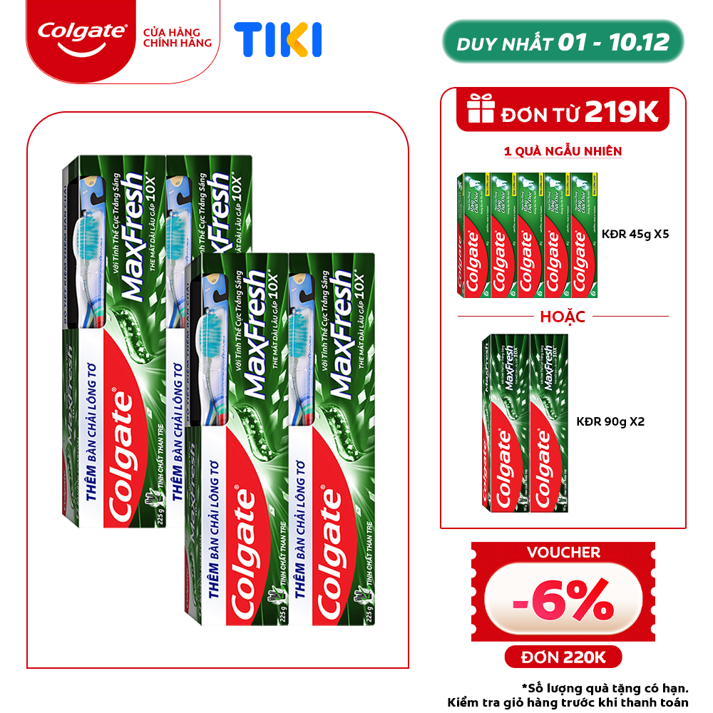 Bộ 4 Kem đánh răng Colgate the mát thổi bùng sảng khoái Maxfresh 230g tặng bàn chải đánh răng lông tơ