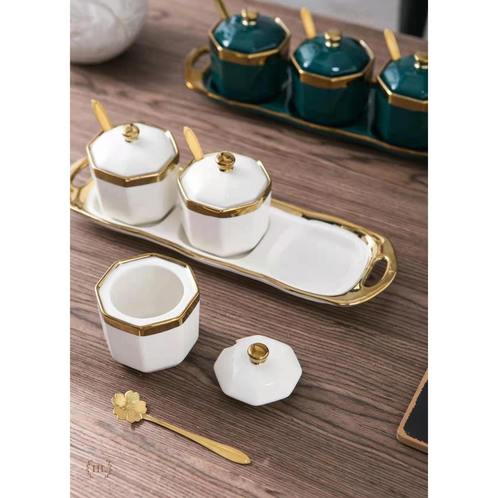 Set đựng gia vị hoàng gia chất liệu sứ tráng men viền vàng cao cấp