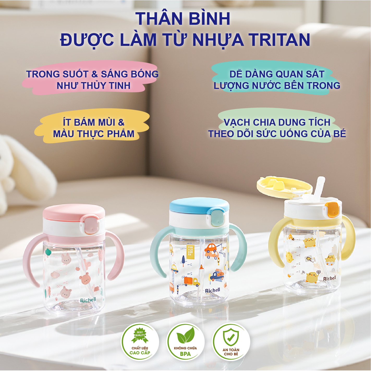 Bình ống hút RICHELL Nhật AQ 200ml-320ml chống sặc chất liệu Tritan | Baby