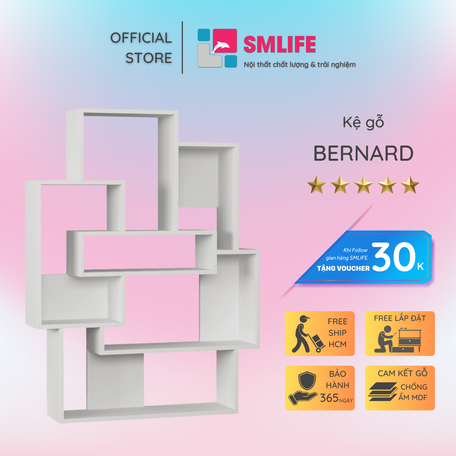 Giá sách bằng gỗ thiết kế tiện lợi SMLIFE Bernard