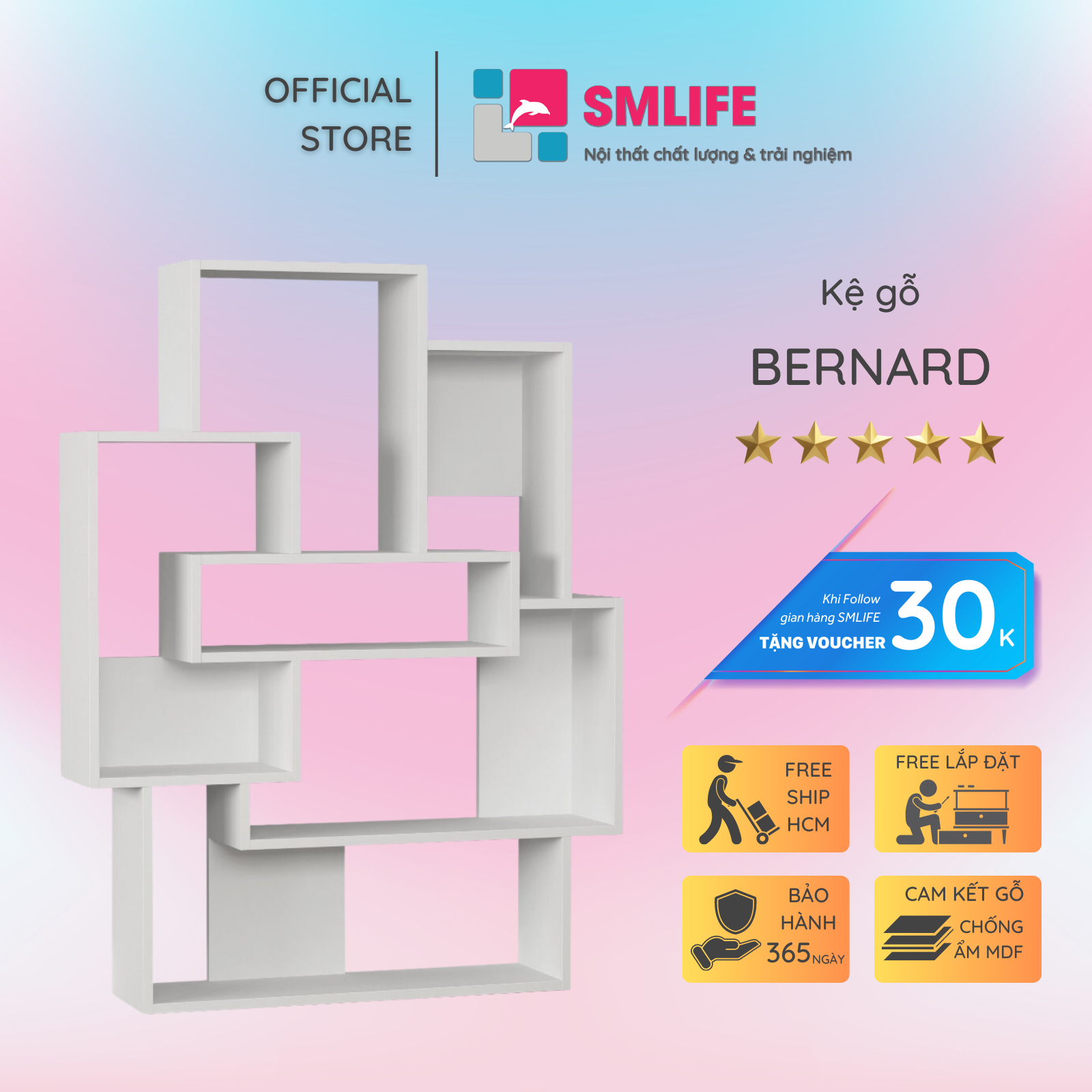 Kệ sách gỗ hiện đại SMLIFE Bernard  | Gỗ MDF dày 17mm chống ẩm | D100xR23xC132cm - Màu