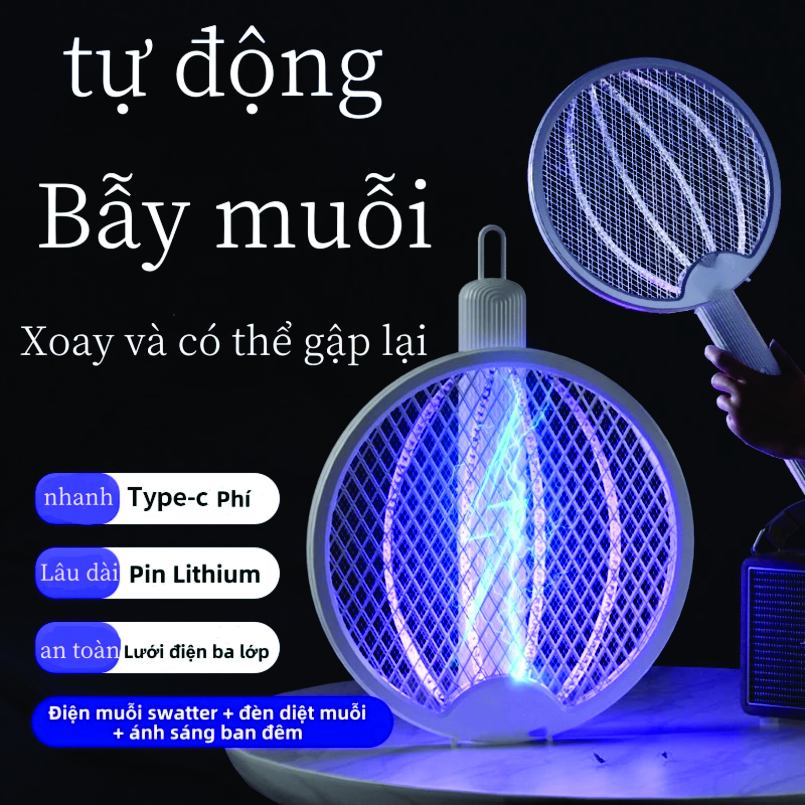Vợt Diệt Côn Trùng Có Đèn Tự Động Thông Minh Cao Cấp Để Bàn Đứng Tích Điện Sạc USB Hàng Chính Hãng