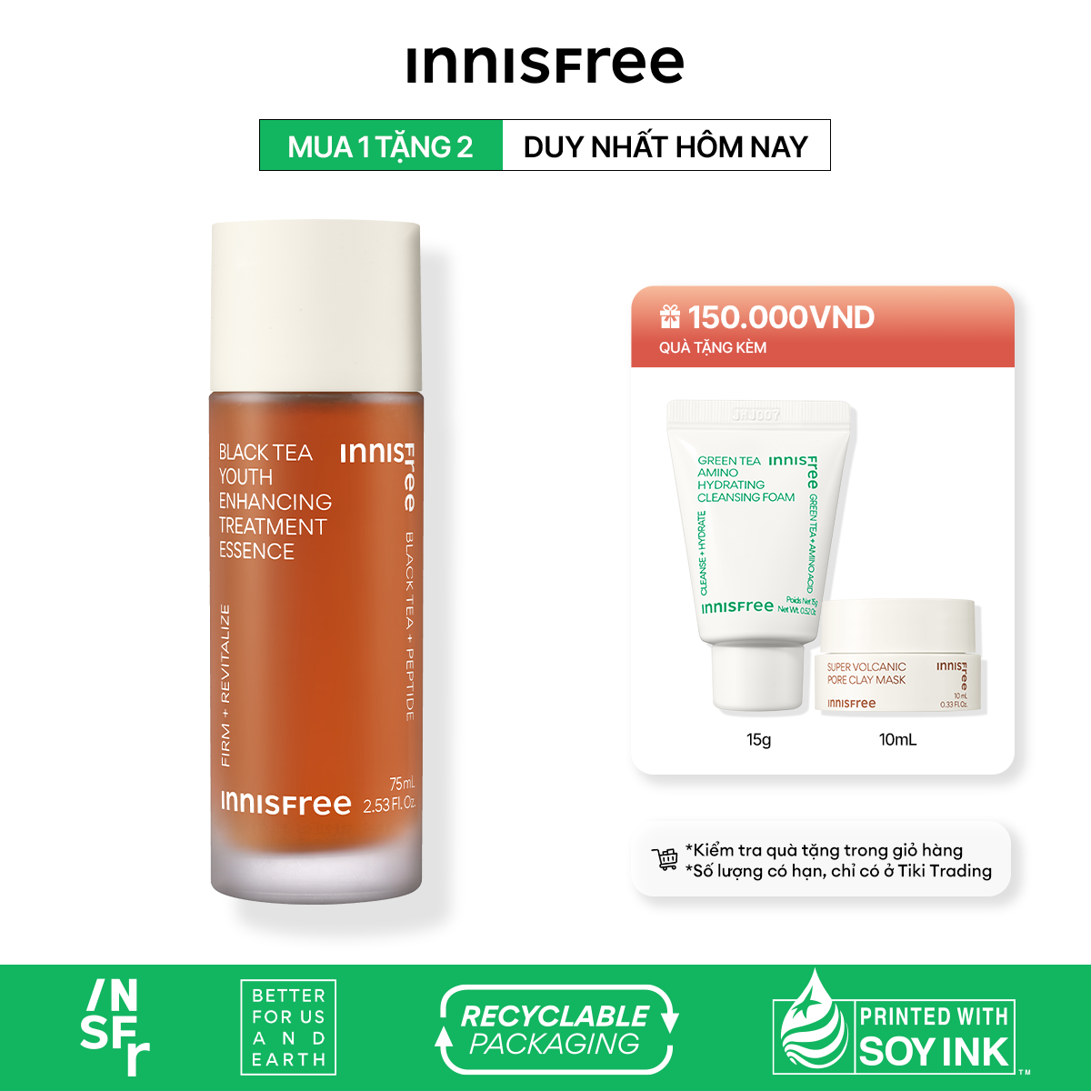 Nước dưỡng ngăn ngừa lão hóa từ trà đen innisfree Black tea Youth Enhancing Treatment Essence 75 mL (New 2023)