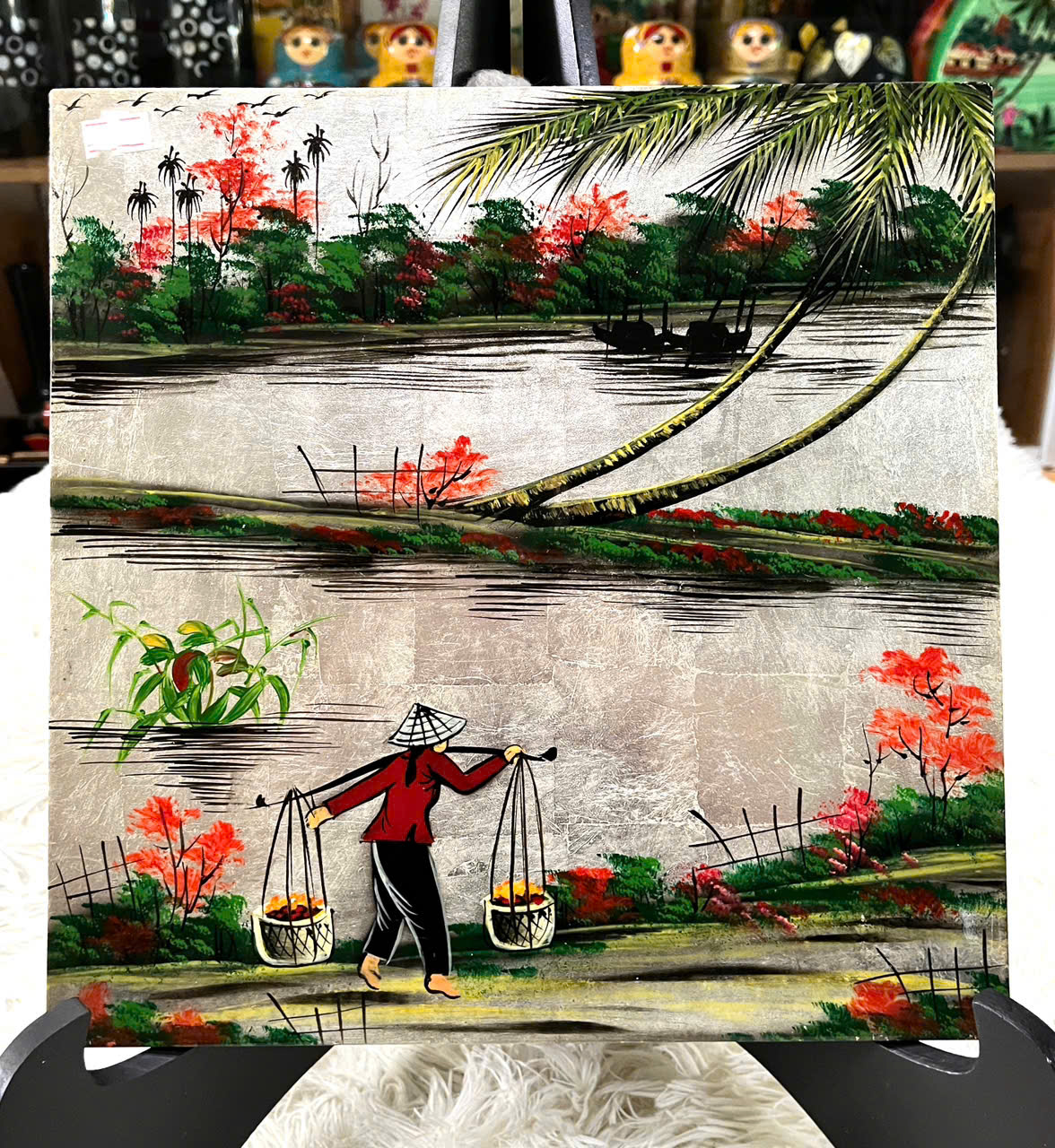 Tranh sơn mài đồng quê vẽ vàng, hàng xuất khẩu 30x30 cm