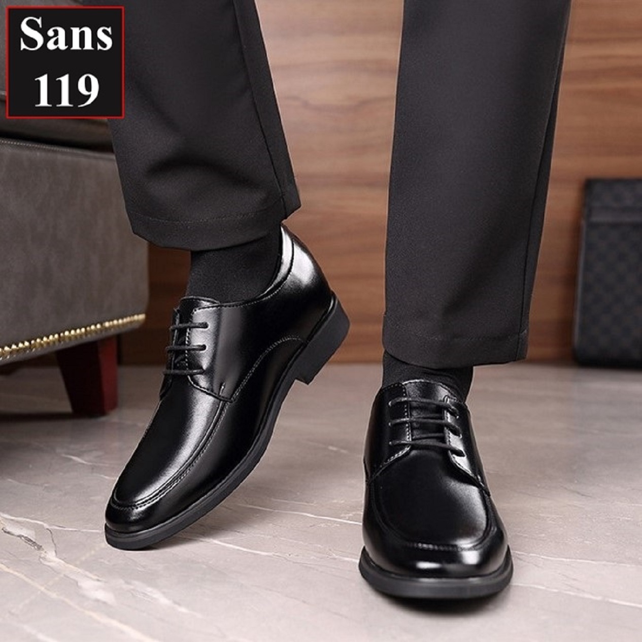 Giày tăng chiều cao nam da bò Sans119 độn đế 8cm công sở cao cấp buộc dây tây đen chú rể mặc vest size nhỏ 37 38 mũi tròn