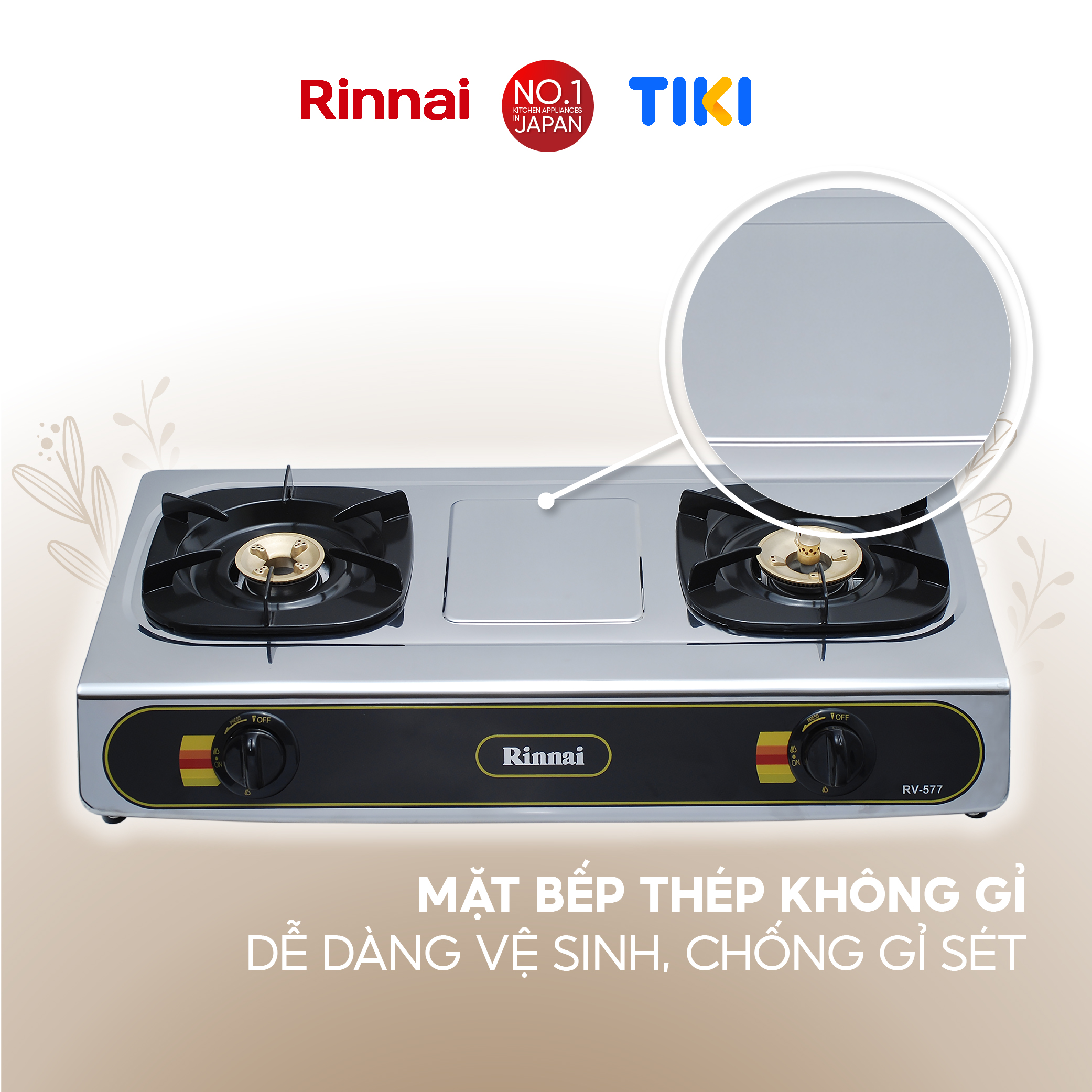 Bếp gas dương Rinnai RV-577(BK) mặt bếp inox và kiềng bếp men - Hàng chính hãng.