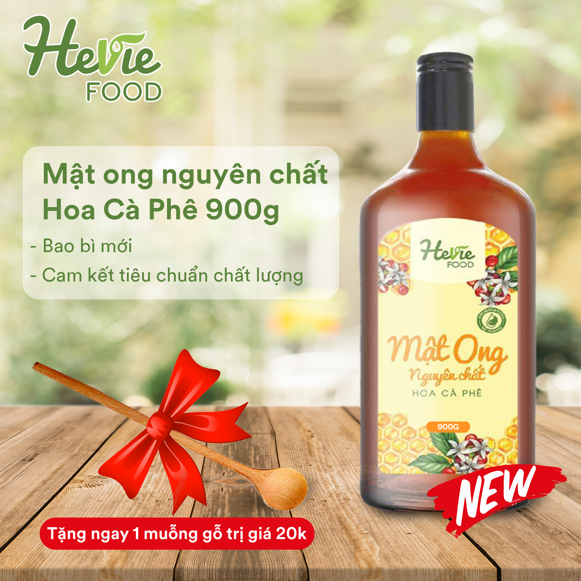 Mật ong nguyên chất xuất khẩu HeVieFood hoa nhãn/ hoa cafe chai 900g