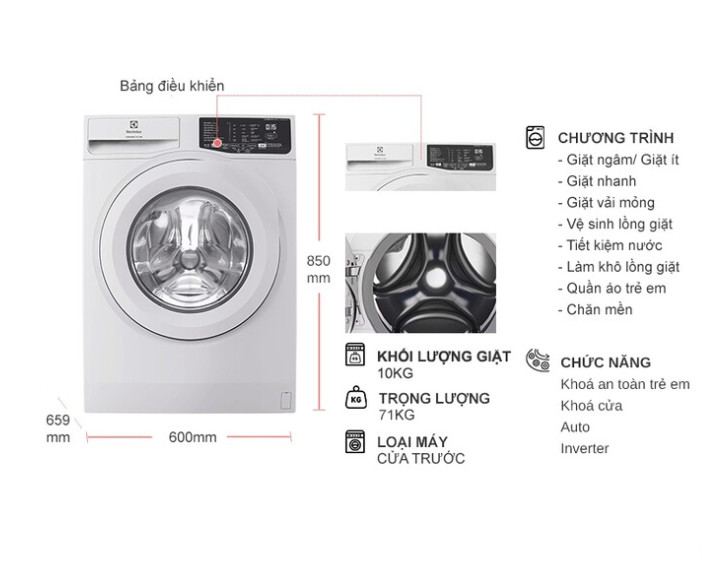Máy Giặt Electrolux Inverter 10 Kg EWF1025DQWB - Hàng chính hãng - Chỉ giao Hà Nội