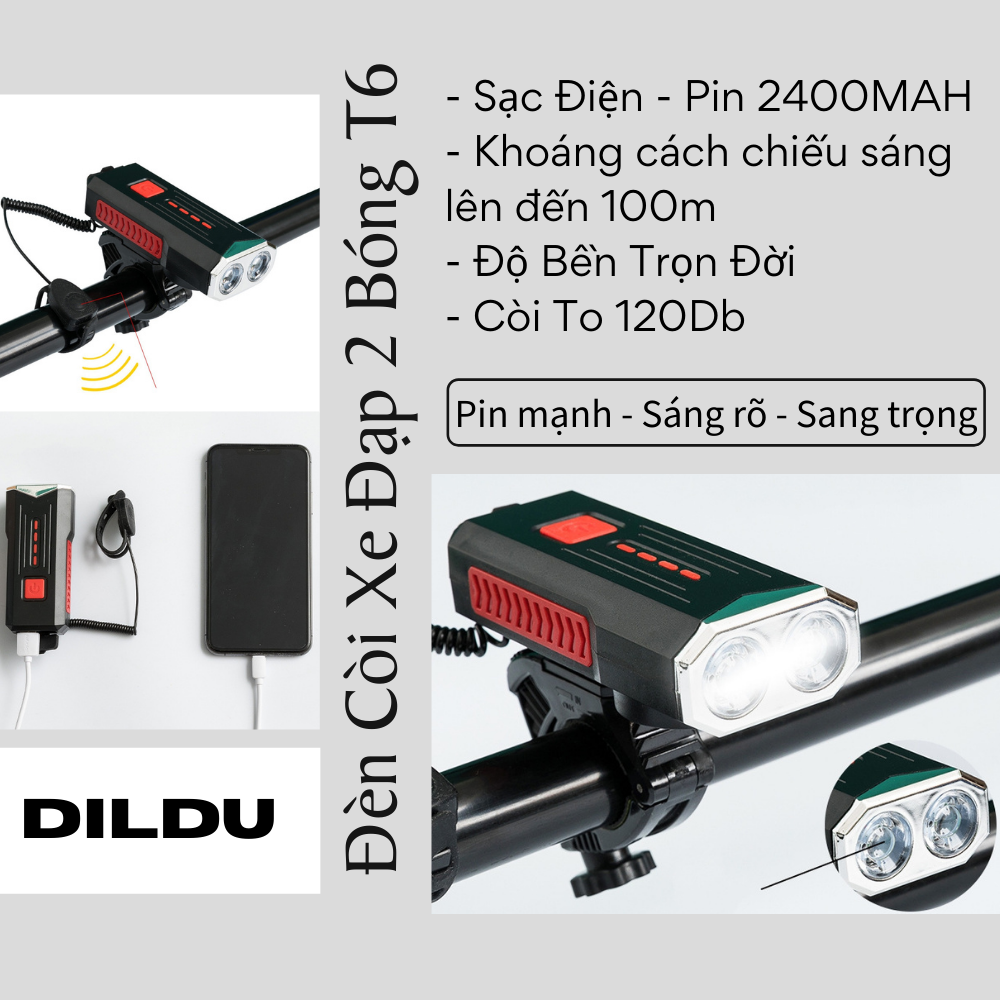 Đèn Xe Đạp Kèm Còi Thể Thao Chống Nước LY - Sạc USB - Dung Lượng Pin 2400MAH - 120DP - Âm Vang To - Cảnh Báo An Toàn