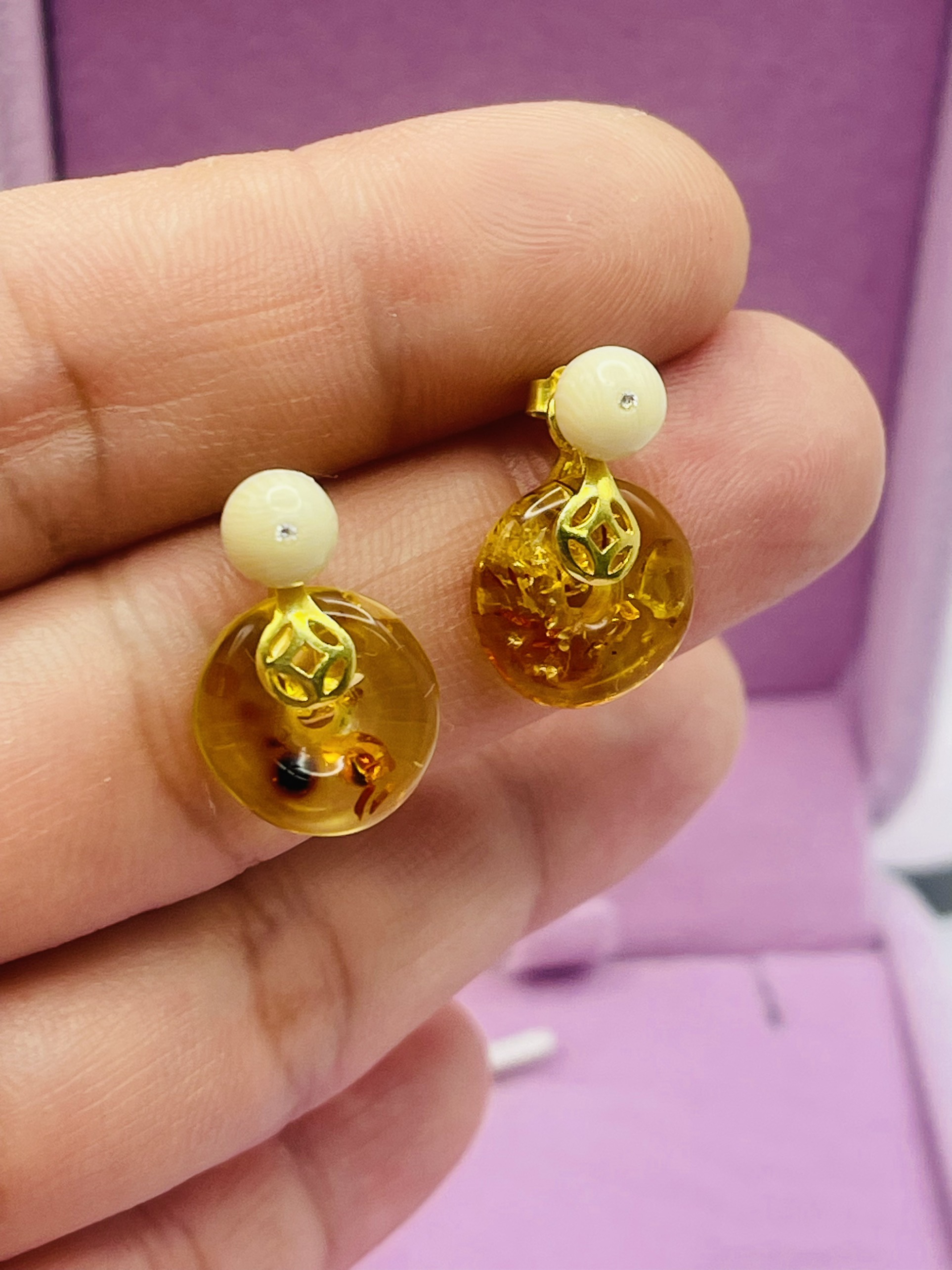 Hoa tai Bạc 925 xi Kim phối Ngờ và Hổ Phách