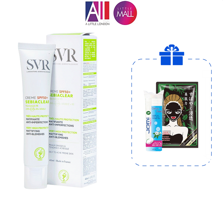Kem làm giảm mụn và chống nắng SVR sebiaclear creme SPF50 40ml TẶNG mặt nạ Sexylook và bông tẩy trang Jomi  (Nhập khẩu)