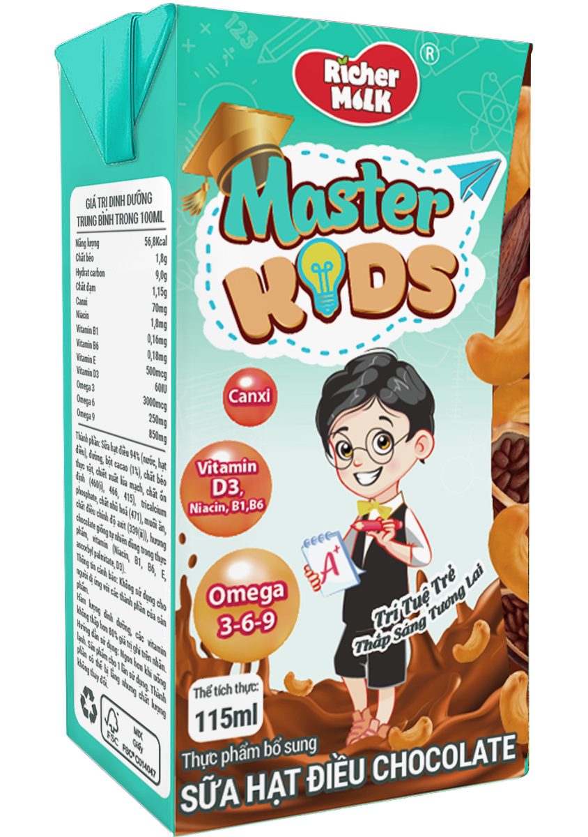 Sữa Hạt Điều Master Kids Chocolate 115ml Giàu Omega 3-6-9 Giúp Trẻ Thông Minh Hơn