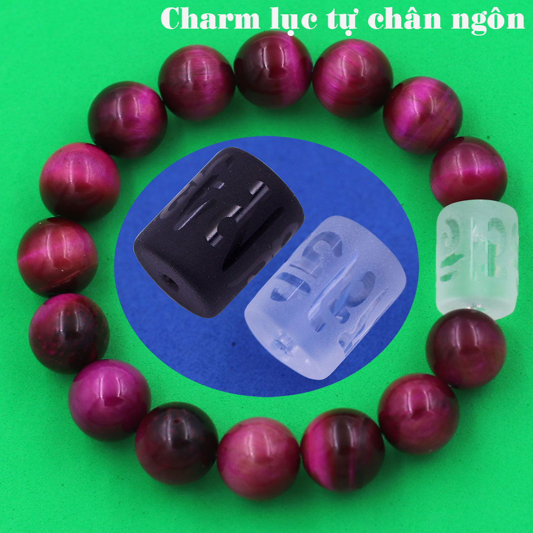 Vòng chuỗi đeo tay đá mắt hổ  charm lục tự Đại minh chân ngôn, 10 ly, Om Mani Padme Hūm, Chân ngôn Lục tự