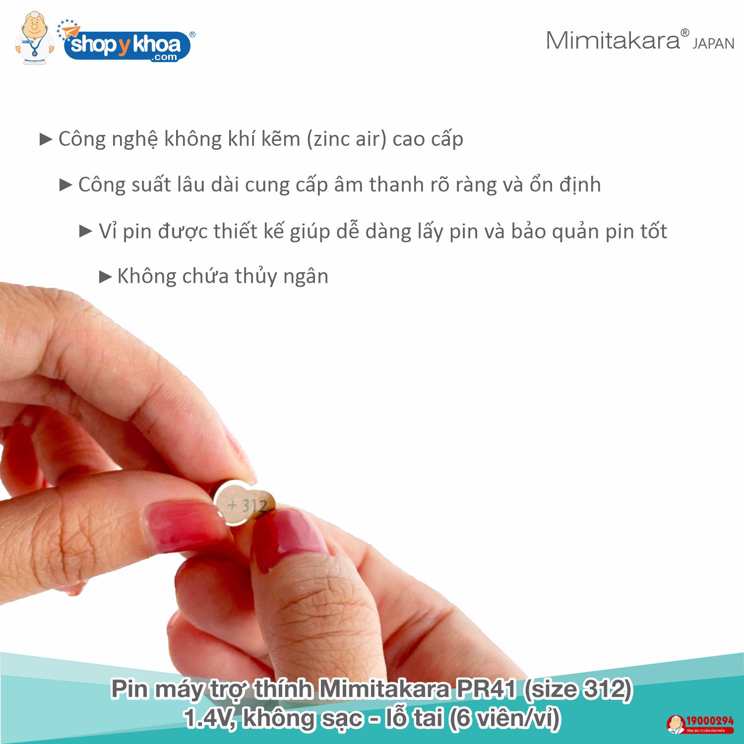 Pin máy trợ thính Mimitakara PR41 , 1.4V, không sạc - lỗ tai