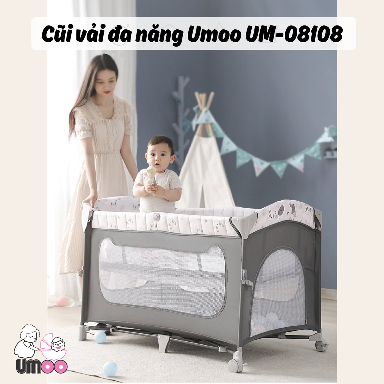 Nôi cũi vải gấp gọn đa năng umoo um-08108 chính hãng sang chảnh