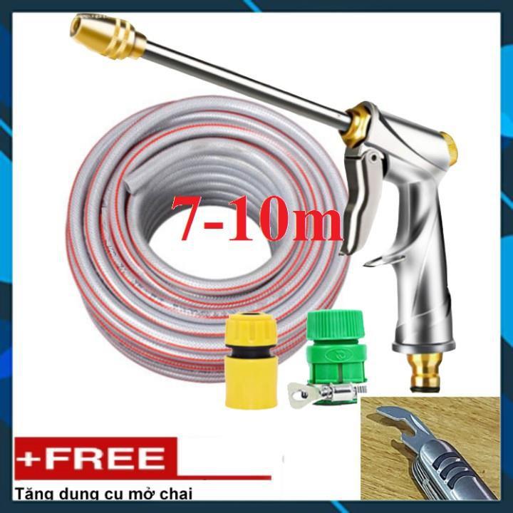 Vòi Xịt️ Bộ dây vòi xịt nước rửa xe, tưới cây , tăng áp 3 lần, loại 7m, 10m 206701-2 đầu đồng,cút+ mở chai