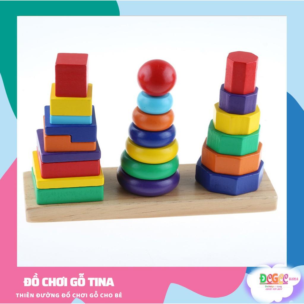 Đồ Chơi Gỗ - TINA, Tháp thả hình 3 trụ, đồ chơi gỗ thả khối hình học, đồ chơi kỹ năng cho bé phát triển toàn diện